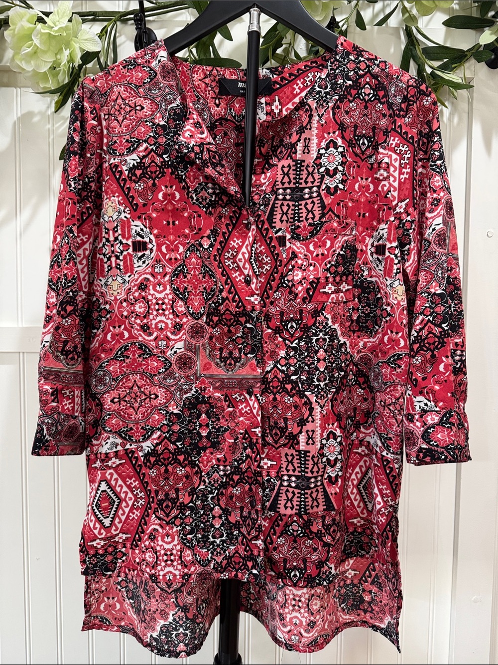 #476 MAX Red Paisley Button-Down Blouse with Three-Quarter Sleeves